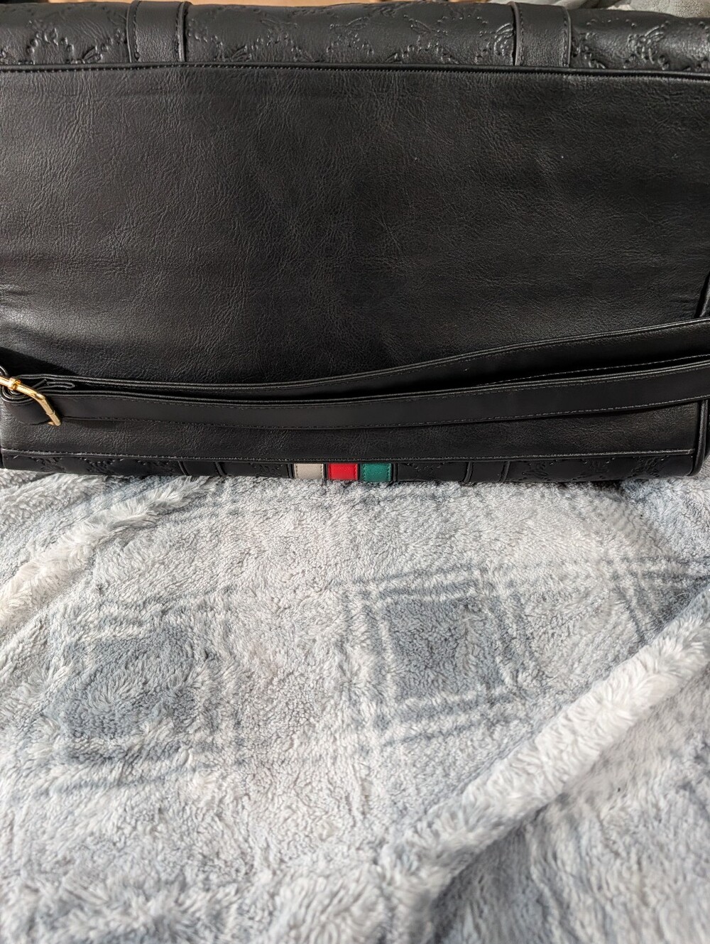 Black Quilted Large Tote/Luggage with Red & Green Stripe and Gold Bee Accent - Picture 3 of 8
